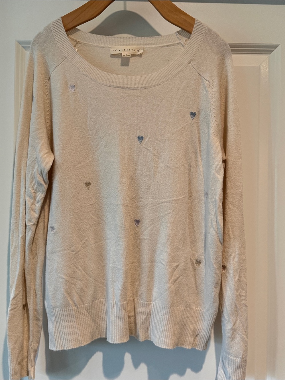 Love Stitch Cream Sweater with Small Blue Heart Accents
